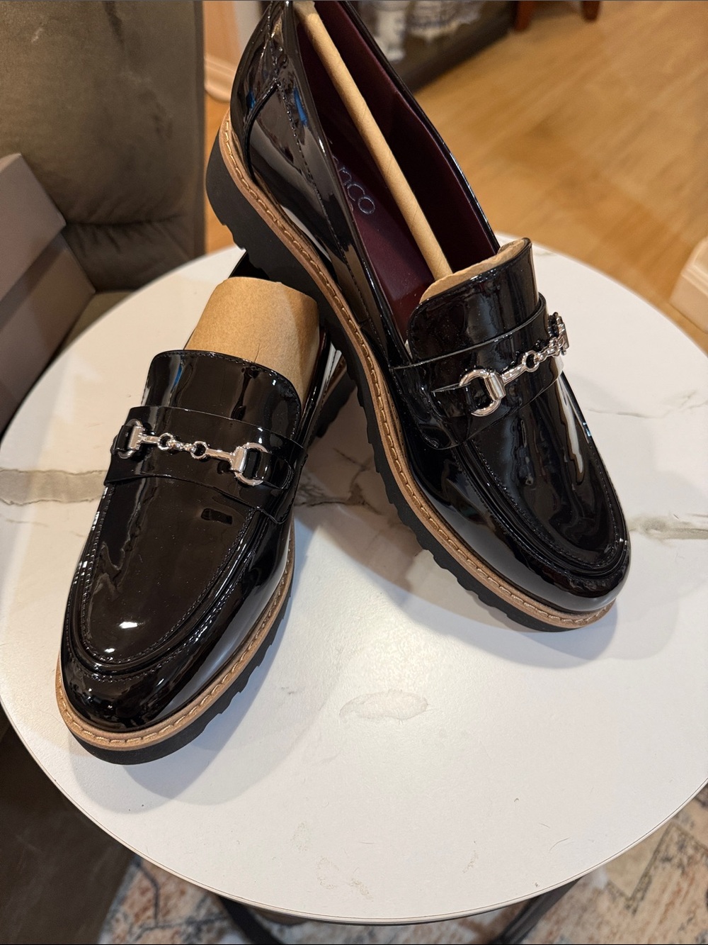 Franco Sarto Black Patent Loafers with Silver Bit